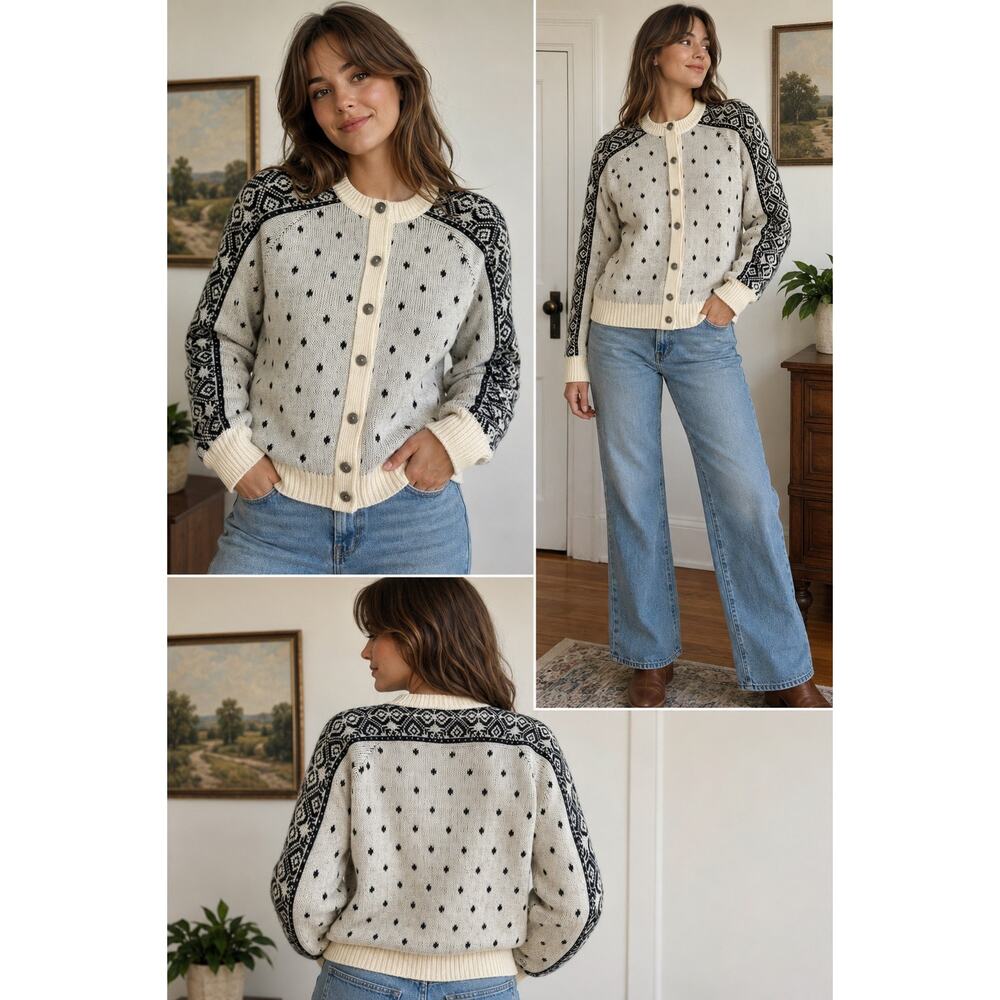 Vintage Pendleton 100% Virgin Wool Nordic Cardigan Sweater Ivory Black USA Small